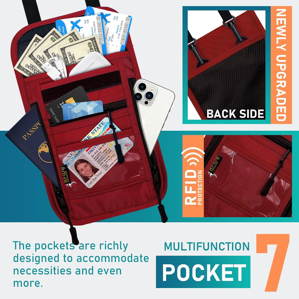 Travel Neck Wallet with Double Zippers, RFID Blocking Passport Holder with Adjustable Neck Strap for Men and Women to Keep Cash, Credit Cards and Travel Documents Safe - Light Gray
