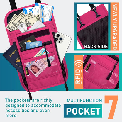 Travel Neck Wallet with Double Zippers, RFID Blocking Passport Holder with Adjustable Neck Strap for Men and Women to Keep Cash, Credit Cards and Travel Documents Safe - Light Gray