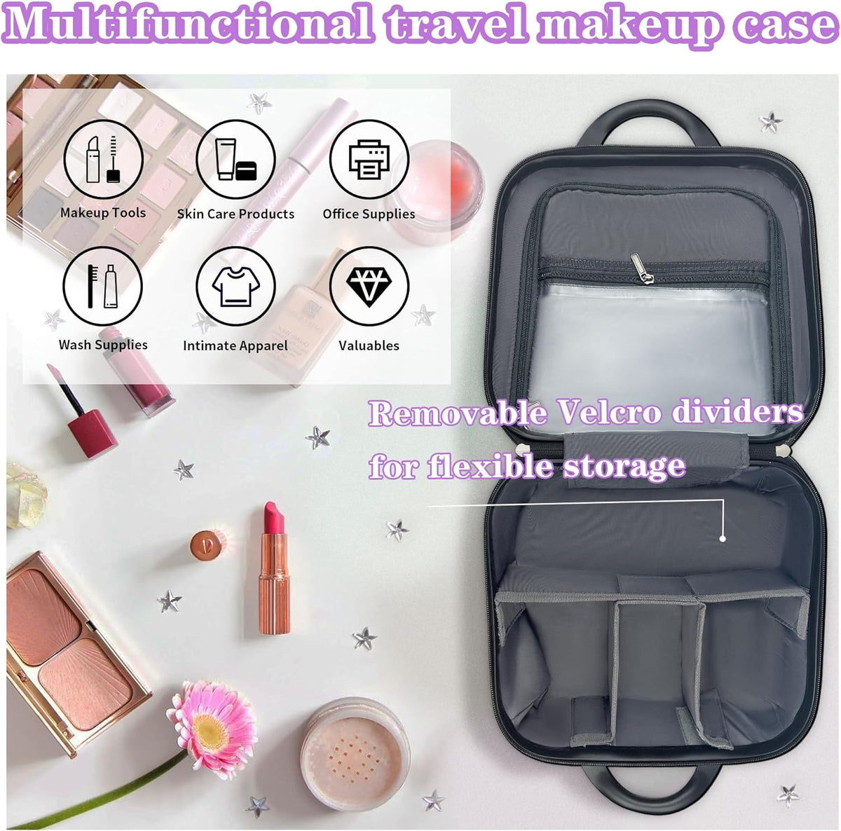 14 Inch Multi-Purpose Waterproof Hard Shell Makeup Case (Brown) | ABS Scratch-Proof, Carrying Cosmetic Organizer Case with Elastic Band, Train Case, Mini Suitcase Vanity Case for Women Girl
