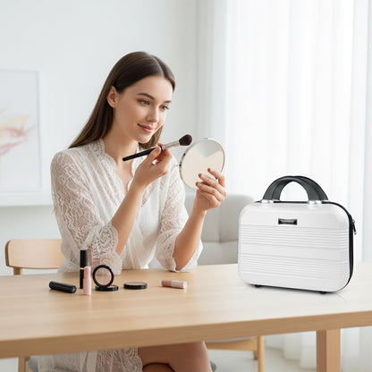 14 Inch Multi-Purpose Waterproof Hard Shell Makeup Case (Brown) | ABS Scratch-Proof, Carrying Cosmetic Organizer Case with Elastic Band, Train Case, Mini Suitcase Vanity Case for Women Girl