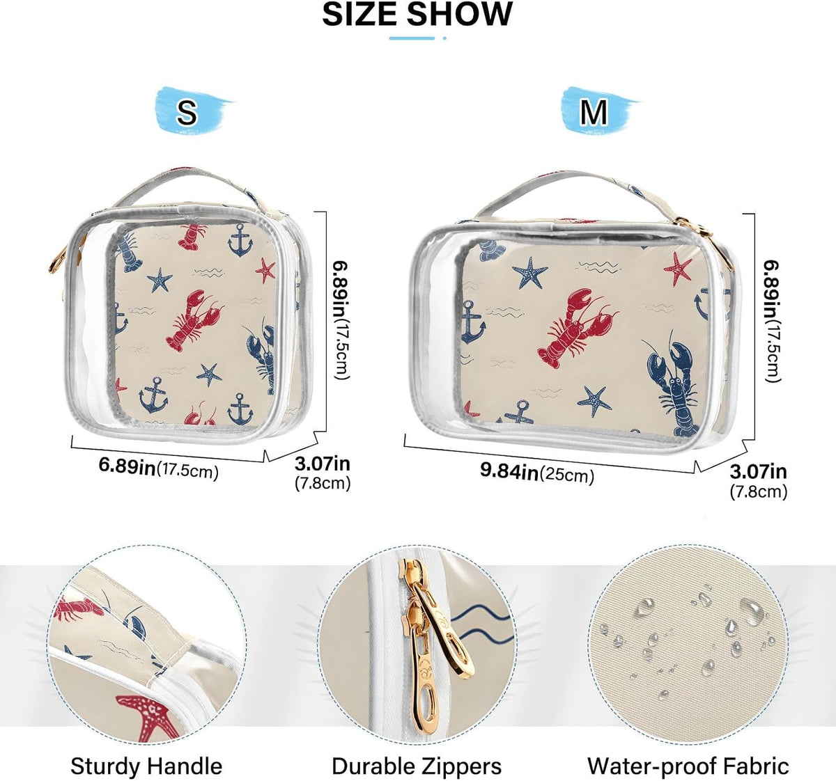 Anchors Shrimp Toiletry Bag Travel Makeup Organizer Cosmetic Bags Clear Pouch Waterproof with Handle for Men Women