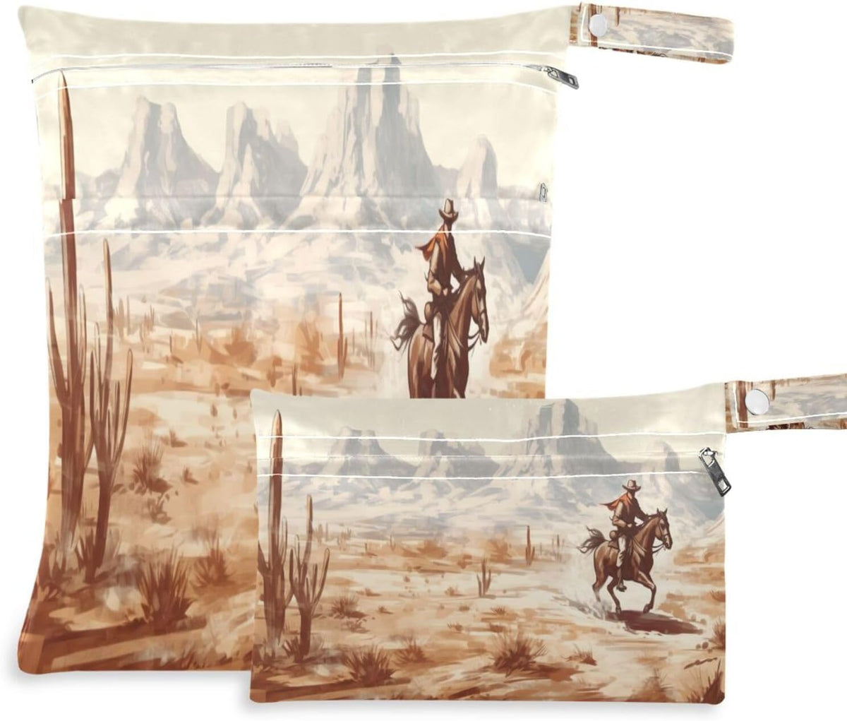 Vintage Western Cowboy Wet Dry Bag for Baby Cloth Diaper Waterproof Reusable Travel Wet Bag with Two Zippered Pockets for Swimsuits, 2 Pcs