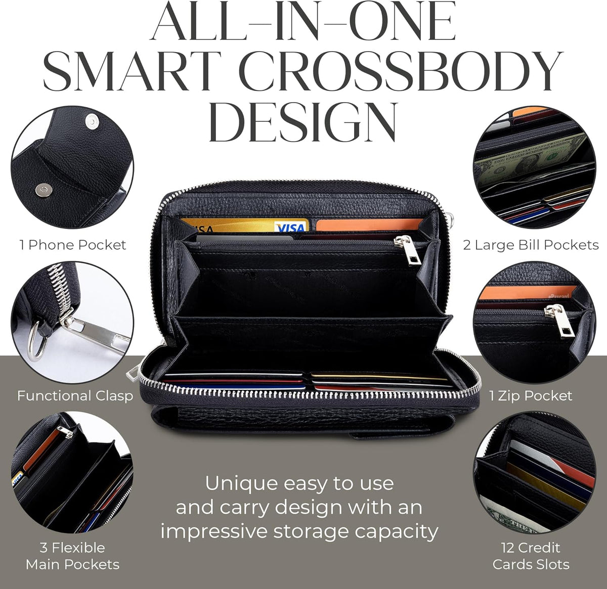 Crossbody Bag for Women, Leather Phone Wallet Purse with Adjustable Anti Theft Strap & RFID Blocking 12 Card Slots
