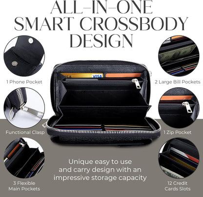Crossbody Bag for Women, Leather Phone Wallet Purse with Adjustable Anti Theft Strap & RFID Blocking 12 Card Slots