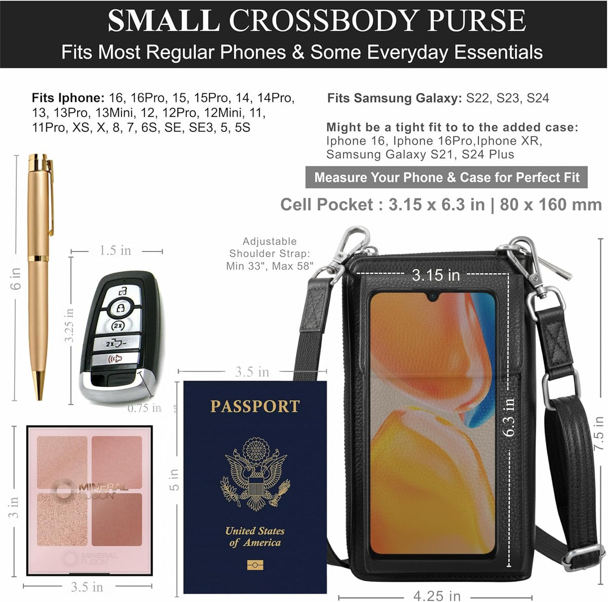 Crossbody Bag for Women, Leather Phone Wallet Purse with Adjustable Anti Theft Strap & RFID Blocking 12 Card Slots