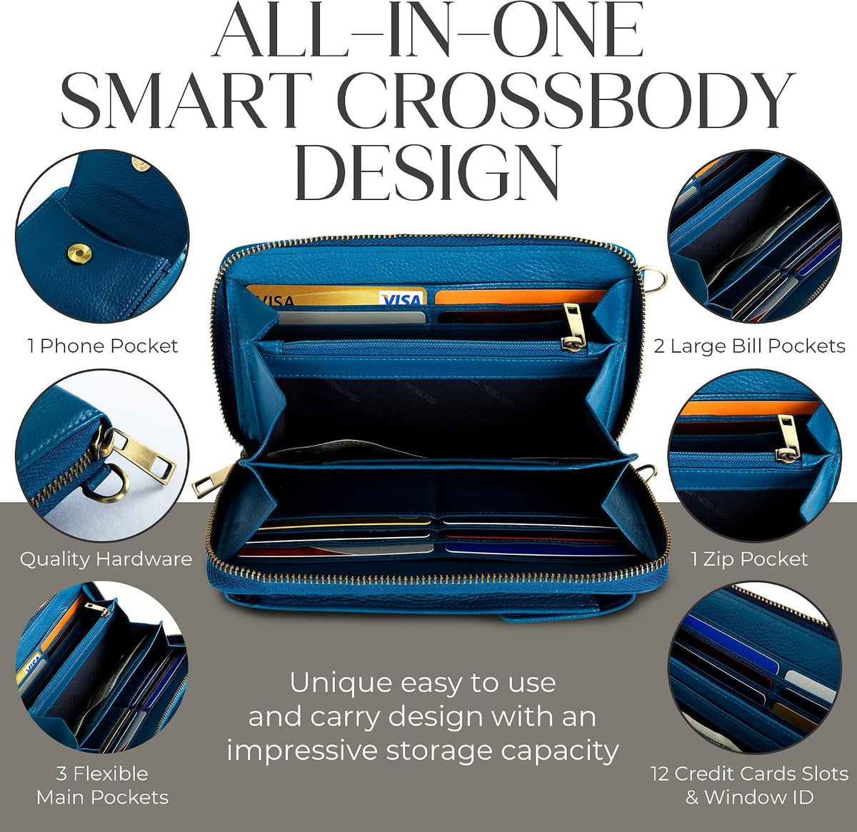 Crossbody Bag for Women, Leather Phone Wallet Purse with Adjustable Anti Theft Strap & RFID Blocking 12 Card Slots