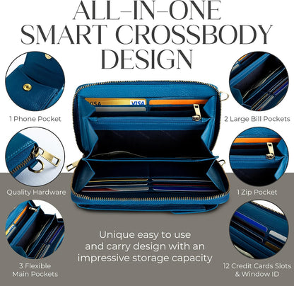 Crossbody Bag for Women, Leather Phone Wallet Purse with Adjustable Anti Theft Strap & RFID Blocking 12 Card Slots