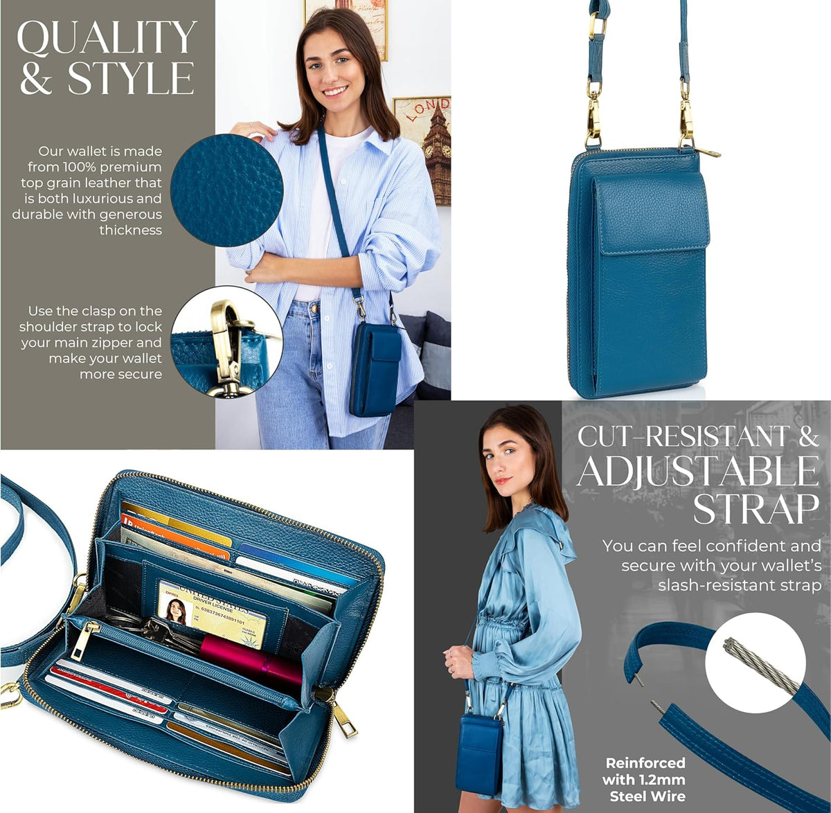 Crossbody Bag for Women, Leather Phone Wallet Purse with Adjustable Anti Theft Strap & RFID Blocking 12 Card Slots