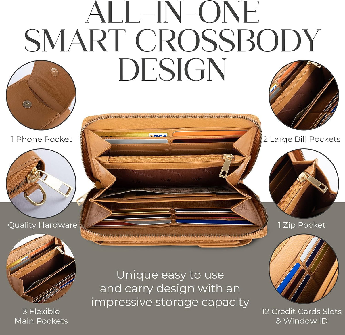 Crossbody Bag for Women, Leather Phone Wallet Purse with Adjustable Anti Theft Strap & RFID Blocking 12 Card Slots