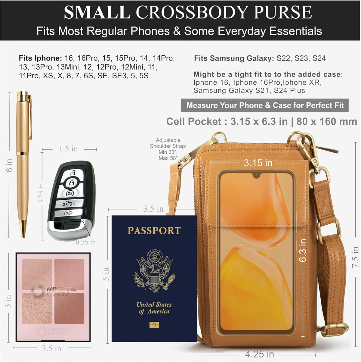 Crossbody Bag for Women, Leather Phone Wallet Purse with Adjustable Anti Theft Strap & RFID Blocking 12 Card Slots