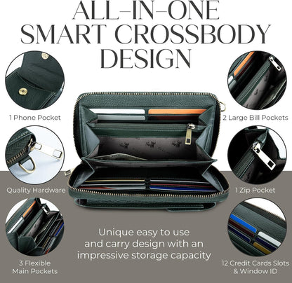 Crossbody Bag for Women, Leather Phone Wallet Purse with Adjustable Anti Theft Strap & RFID Blocking 12 Card Slots