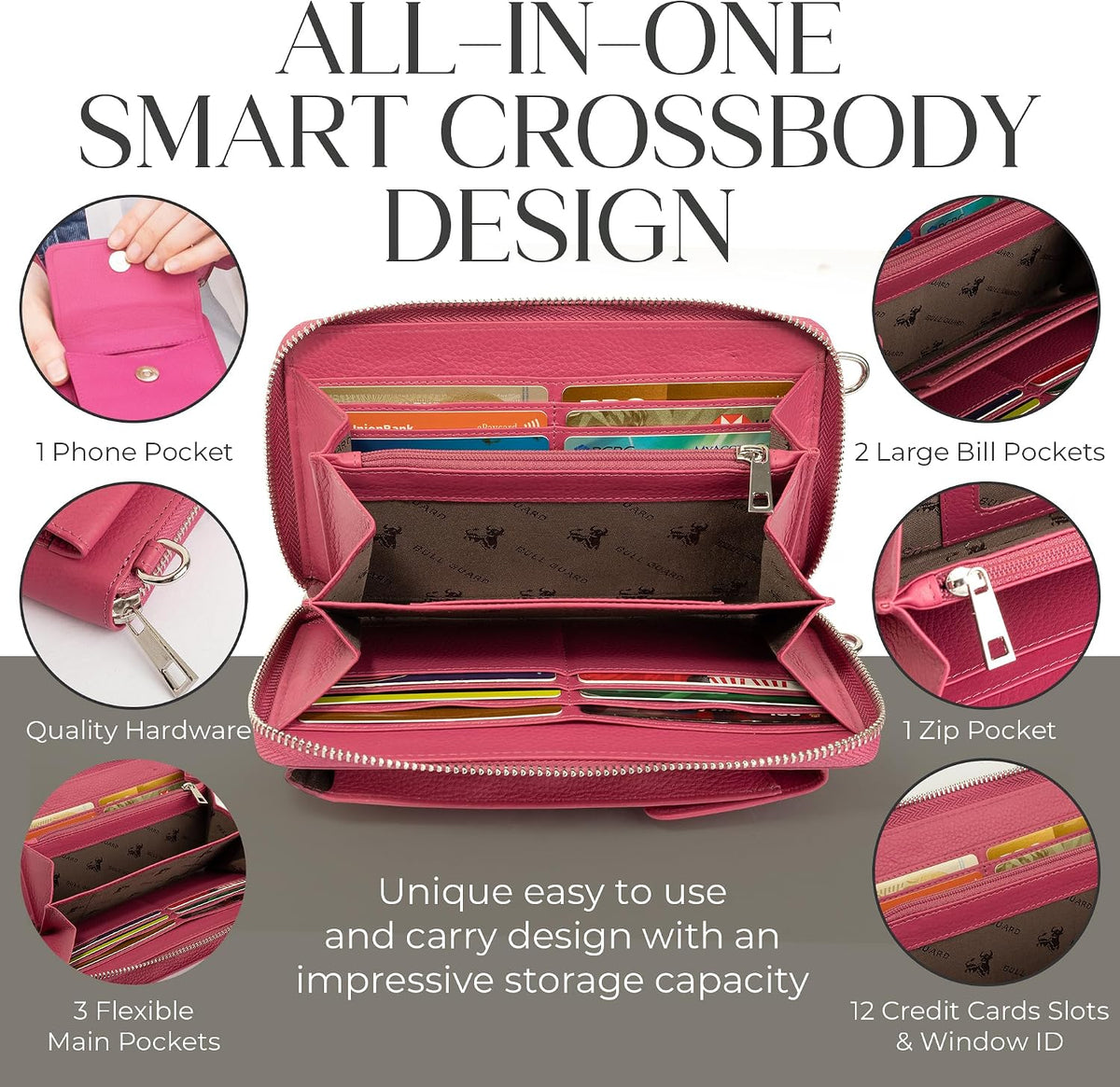 Crossbody Bag for Women, Leather Phone Wallet Purse with Adjustable Anti Theft Strap & RFID Blocking 12 Card Slots
