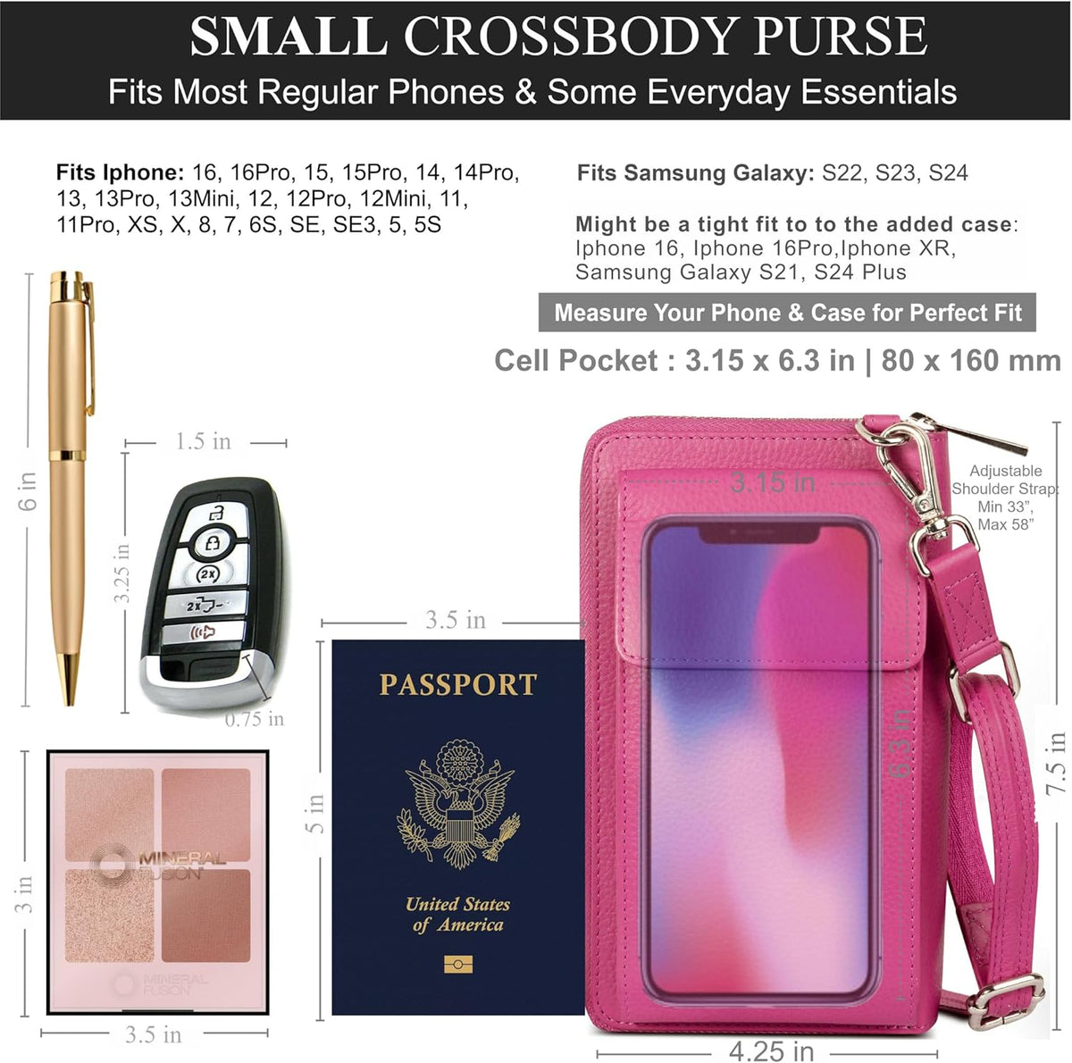Crossbody Bag for Women, Leather Phone Wallet Purse with Adjustable Anti Theft Strap & RFID Blocking 12 Card Slots