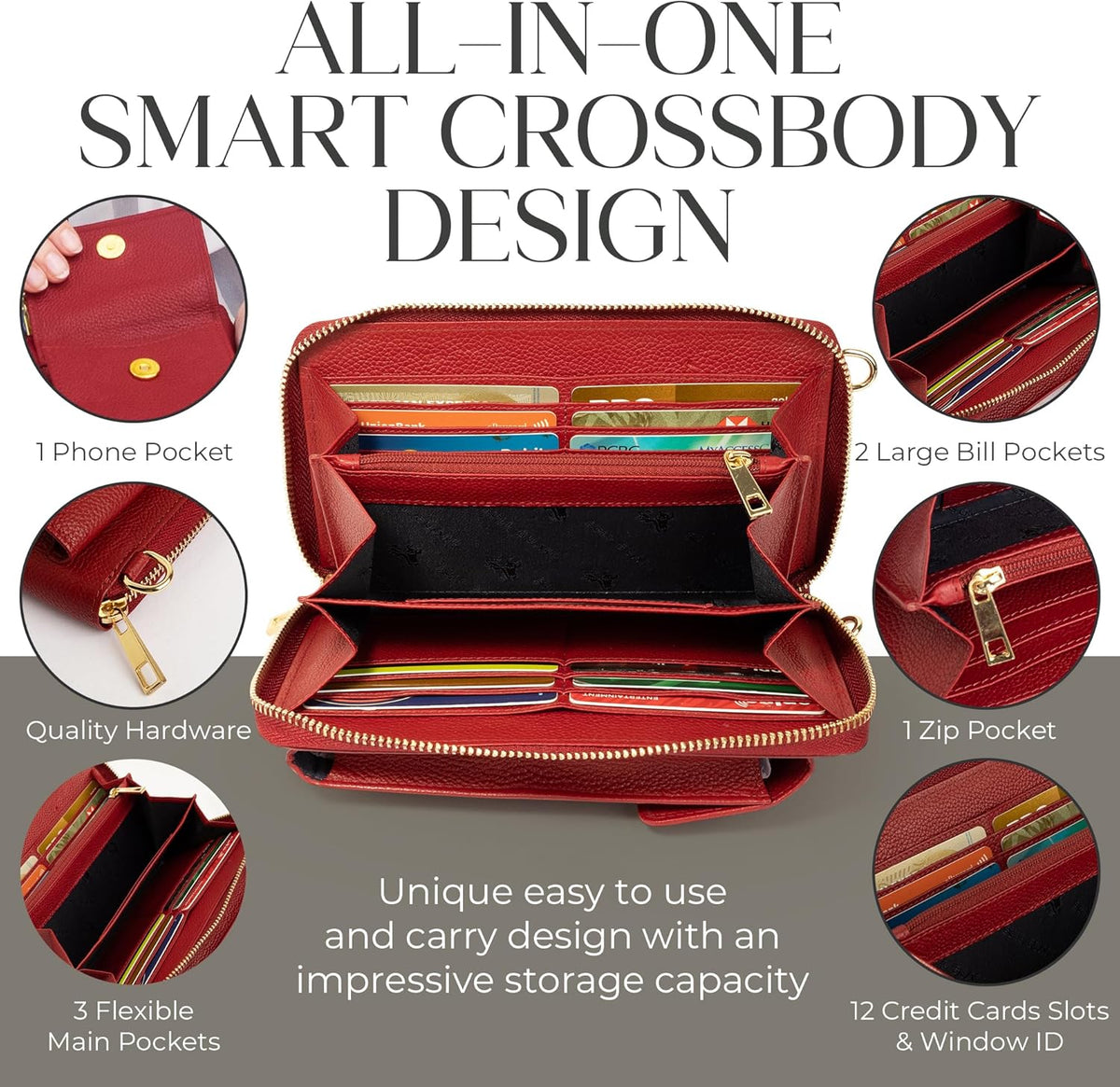 Crossbody Bag for Women, Leather Phone Wallet Purse with Adjustable Anti Theft Strap & RFID Blocking 12 Card Slots