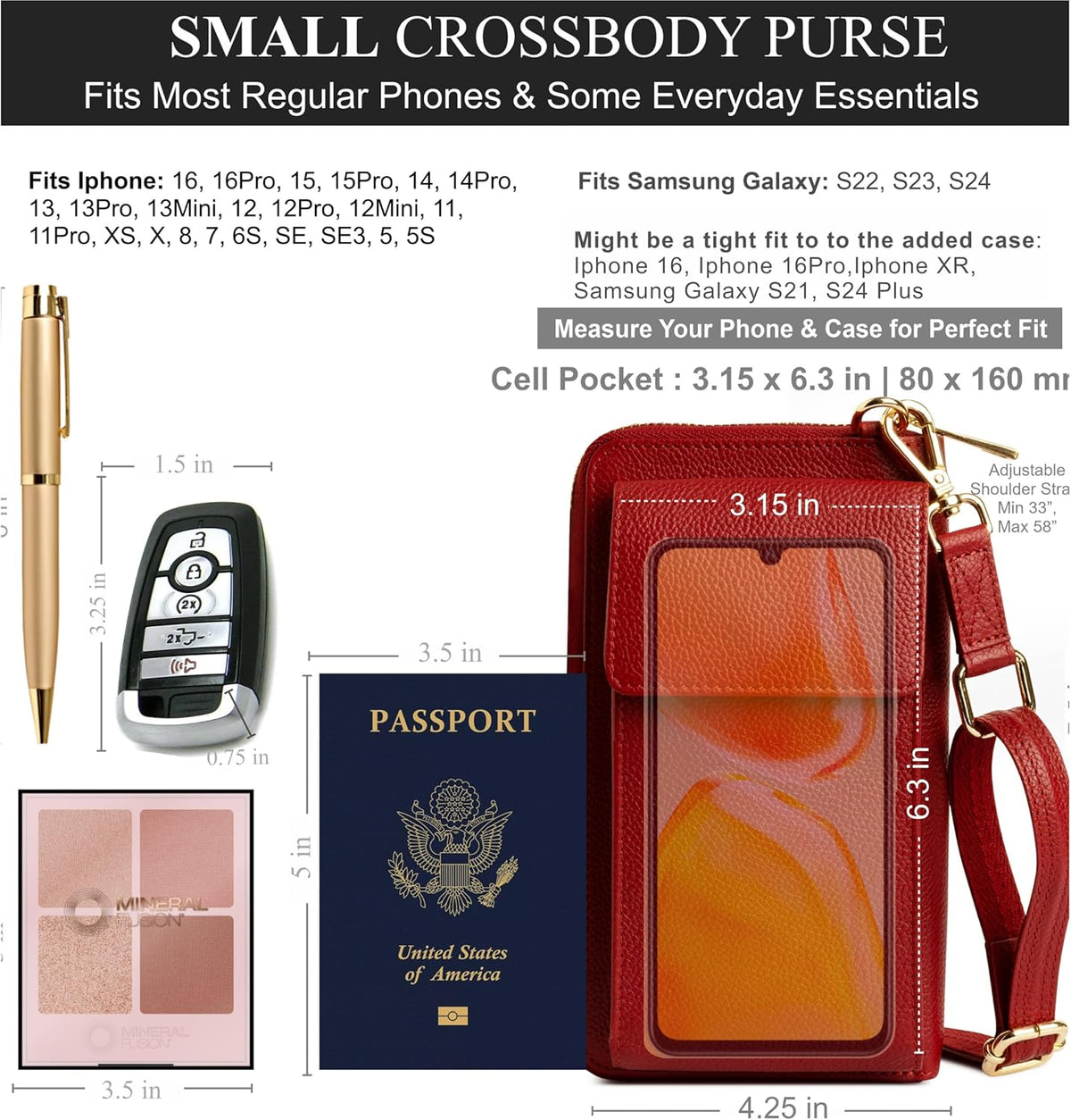 Crossbody Bag for Women, Leather Phone Wallet Purse with Adjustable Anti Theft Strap & RFID Blocking 12 Card Slots