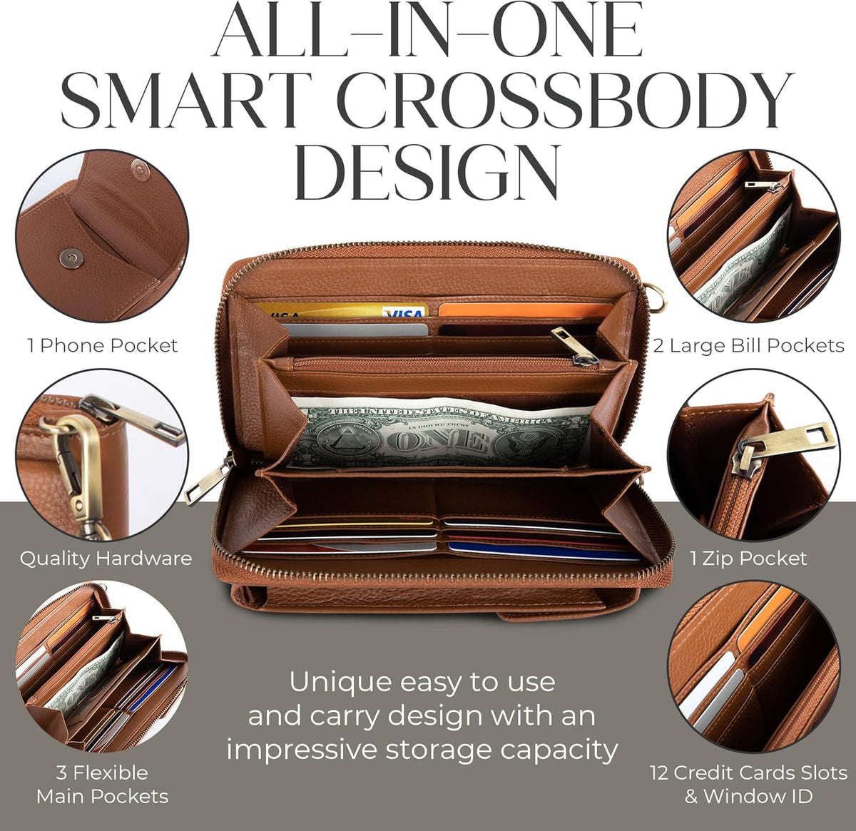 Crossbody Bag for Women, Leather Phone Wallet Purse with Adjustable Anti Theft Strap & RFID Blocking 12 Card Slots