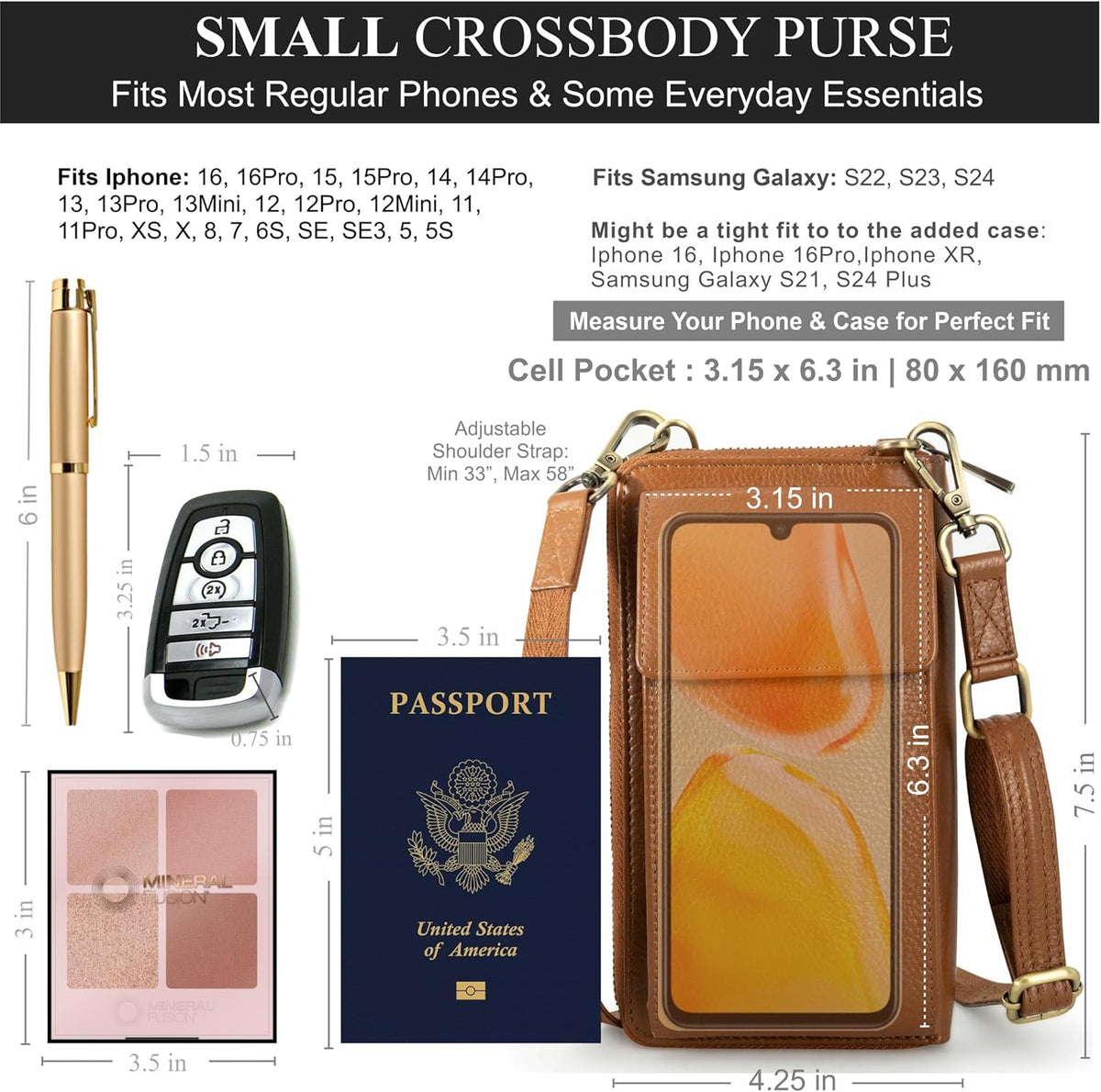 Crossbody Bag for Women, Leather Phone Wallet Purse with Adjustable Anti Theft Strap & RFID Blocking 12 Card Slots