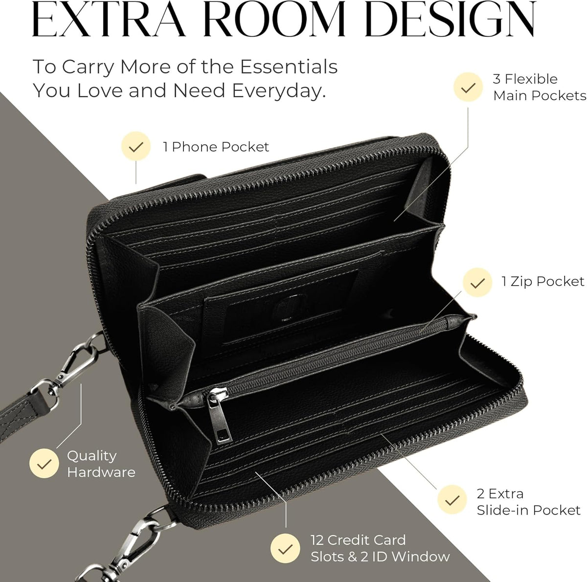 Crossbody Bag for Women, Leather Phone Wallet Purse with Adjustable Anti Theft Strap & RFID Blocking 12 Card Slots
