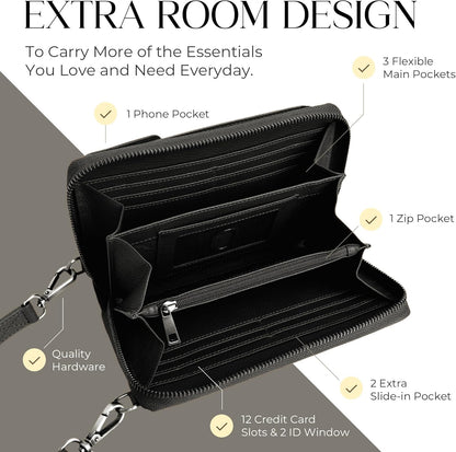Crossbody Bag for Women, Leather Phone Wallet Purse with Adjustable Anti Theft Strap & RFID Blocking 12 Card Slots