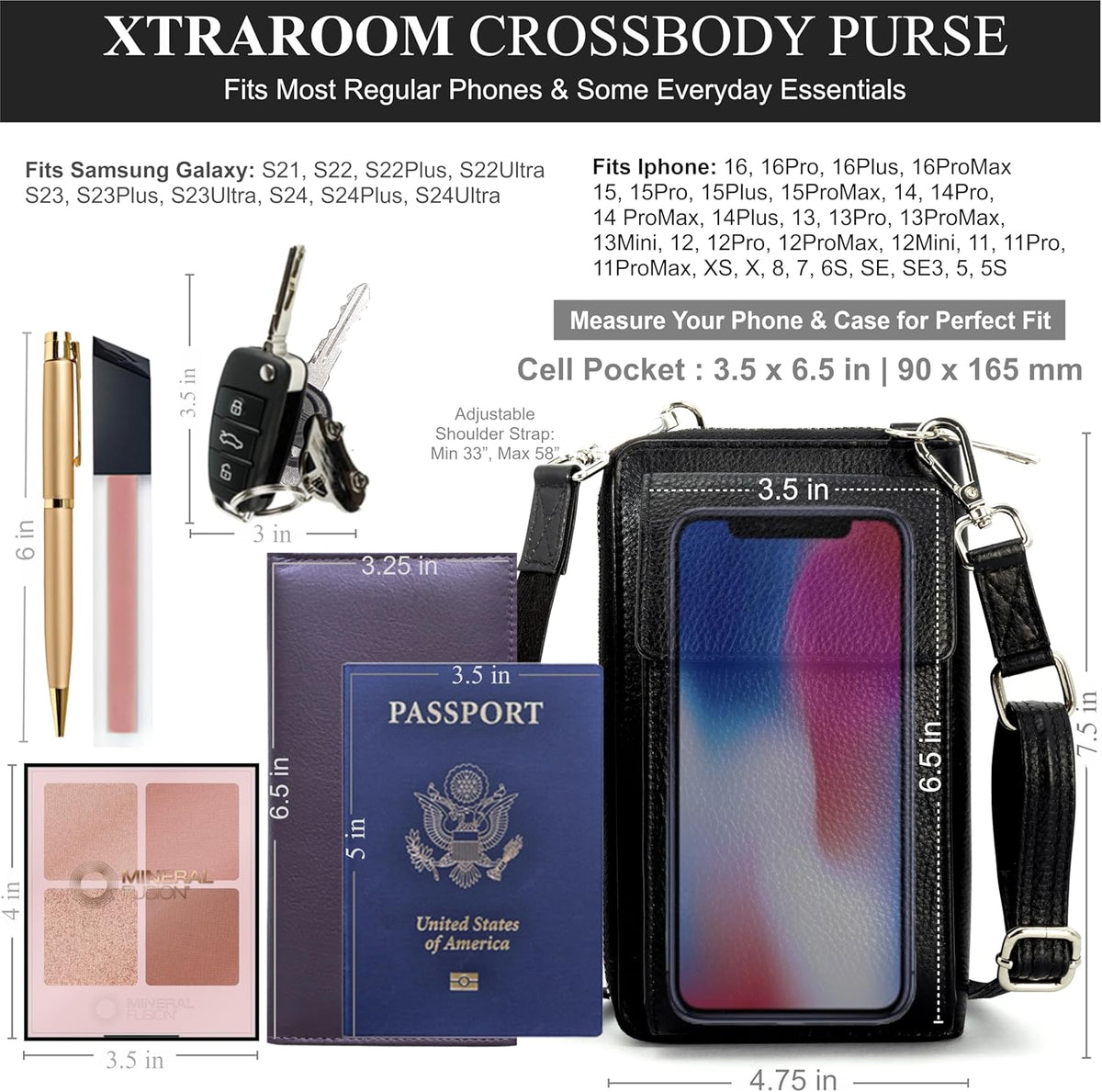 Crossbody Bag for Women, Leather Phone Wallet Purse with Adjustable Anti Theft Strap & RFID Blocking 12 Card Slots