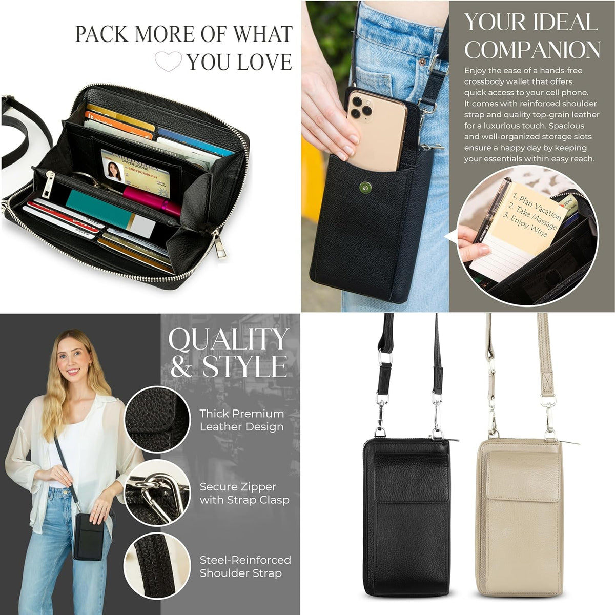 Crossbody Bag for Women, Leather Phone Wallet Purse with Adjustable Anti Theft Strap & RFID Blocking 12 Card Slots