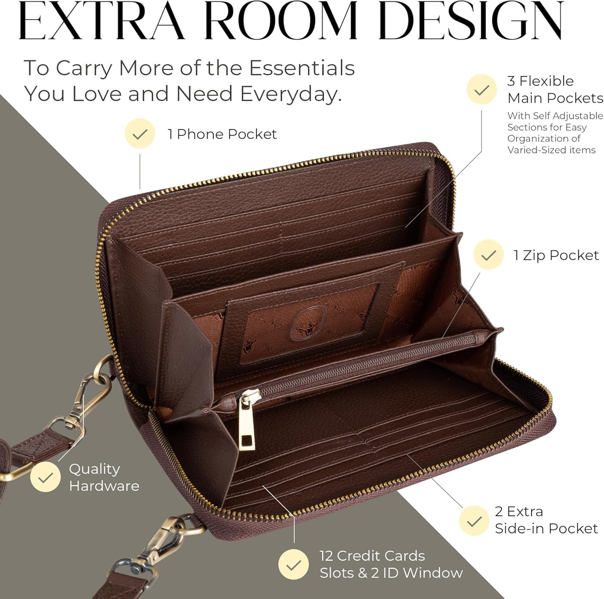 Crossbody Bag for Women, Leather Phone Wallet Purse with Adjustable Anti Theft Strap & RFID Blocking 12 Card Slots