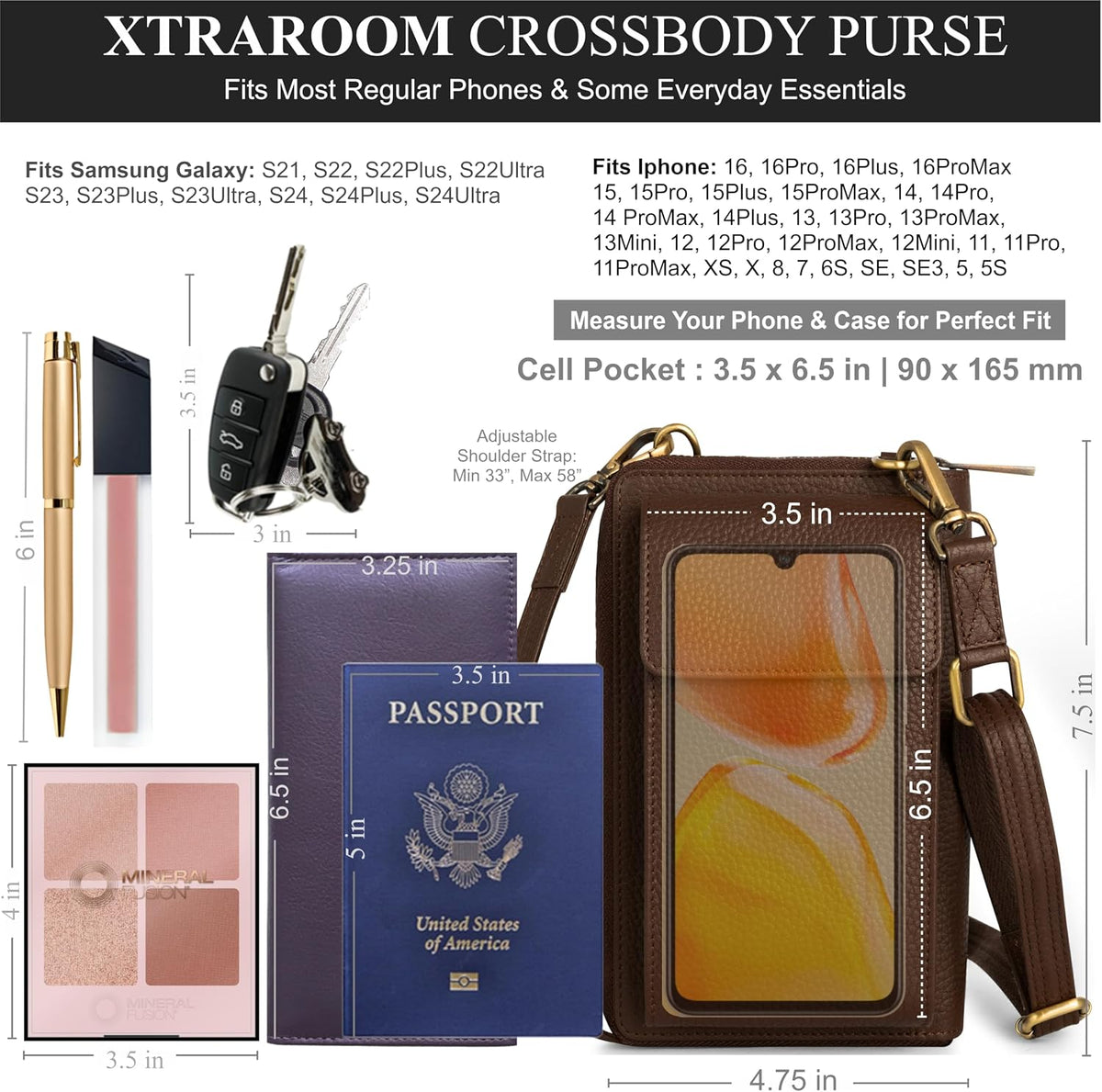 Crossbody Bag for Women, Leather Phone Wallet Purse with Adjustable Anti Theft Strap & RFID Blocking 12 Card Slots