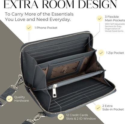 Crossbody Bag for Women, Leather Phone Wallet Purse with Adjustable Anti Theft Strap & RFID Blocking 12 Card Slots
