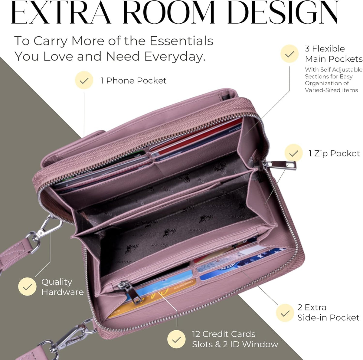 Crossbody Bag for Women, Leather Phone Wallet Purse with Adjustable Anti Theft Strap & RFID Blocking 12 Card Slots