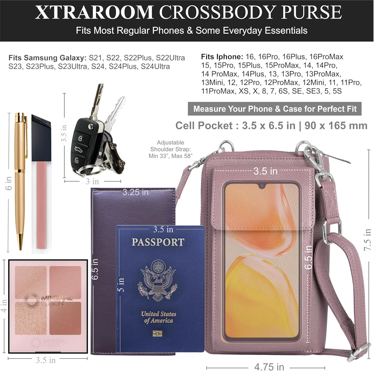 Crossbody Bag for Women, Leather Phone Wallet Purse with Adjustable Anti Theft Strap & RFID Blocking 12 Card Slots