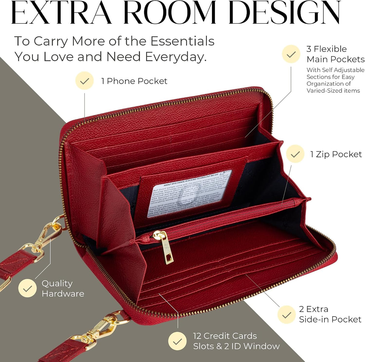 Crossbody Bag for Women, Leather Phone Wallet Purse with Adjustable Anti Theft Strap & RFID Blocking 12 Card Slots