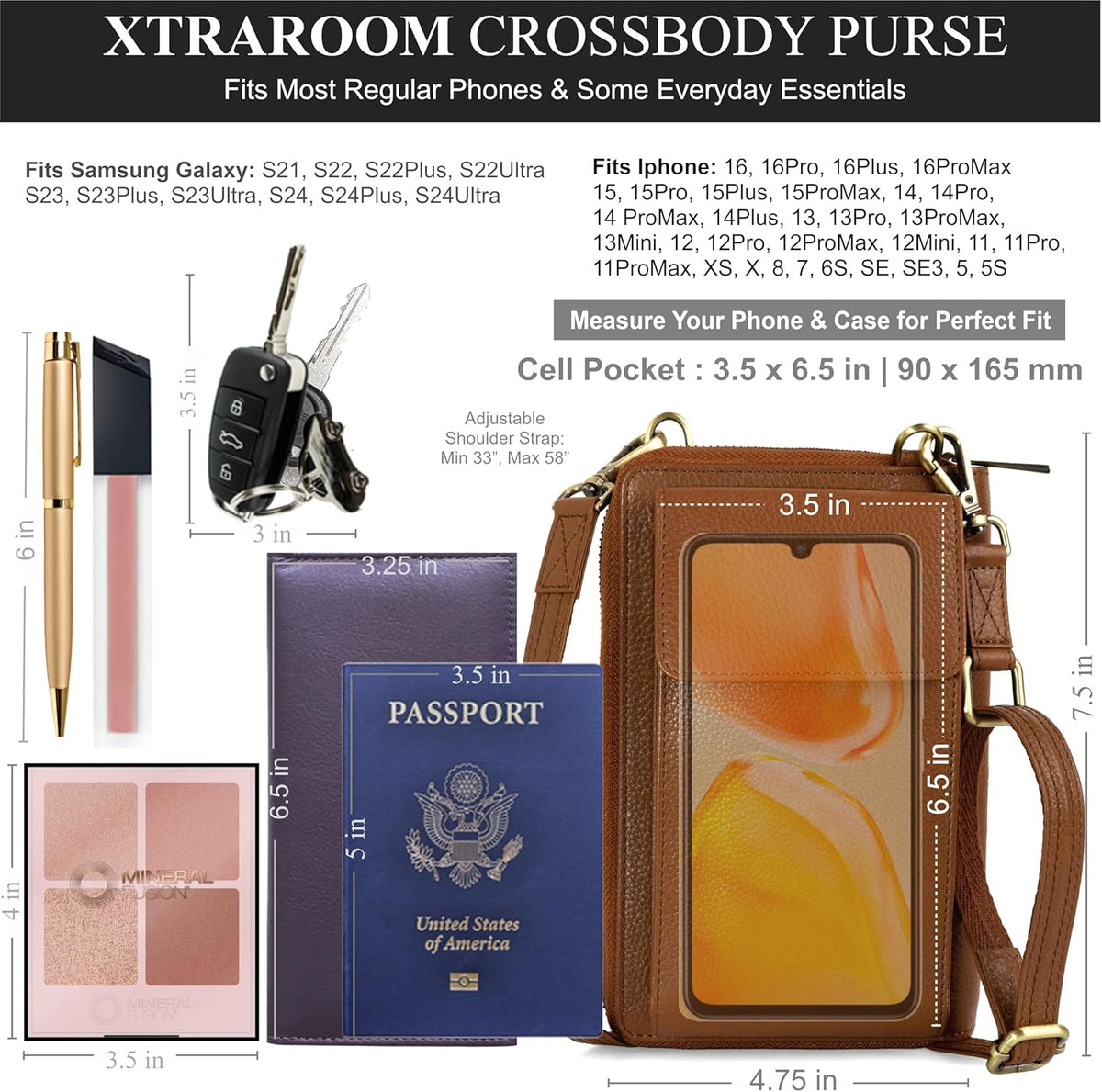 Crossbody Bag for Women, Leather Phone Wallet Purse with Adjustable Anti Theft Strap & RFID Blocking 12 Card Slots
