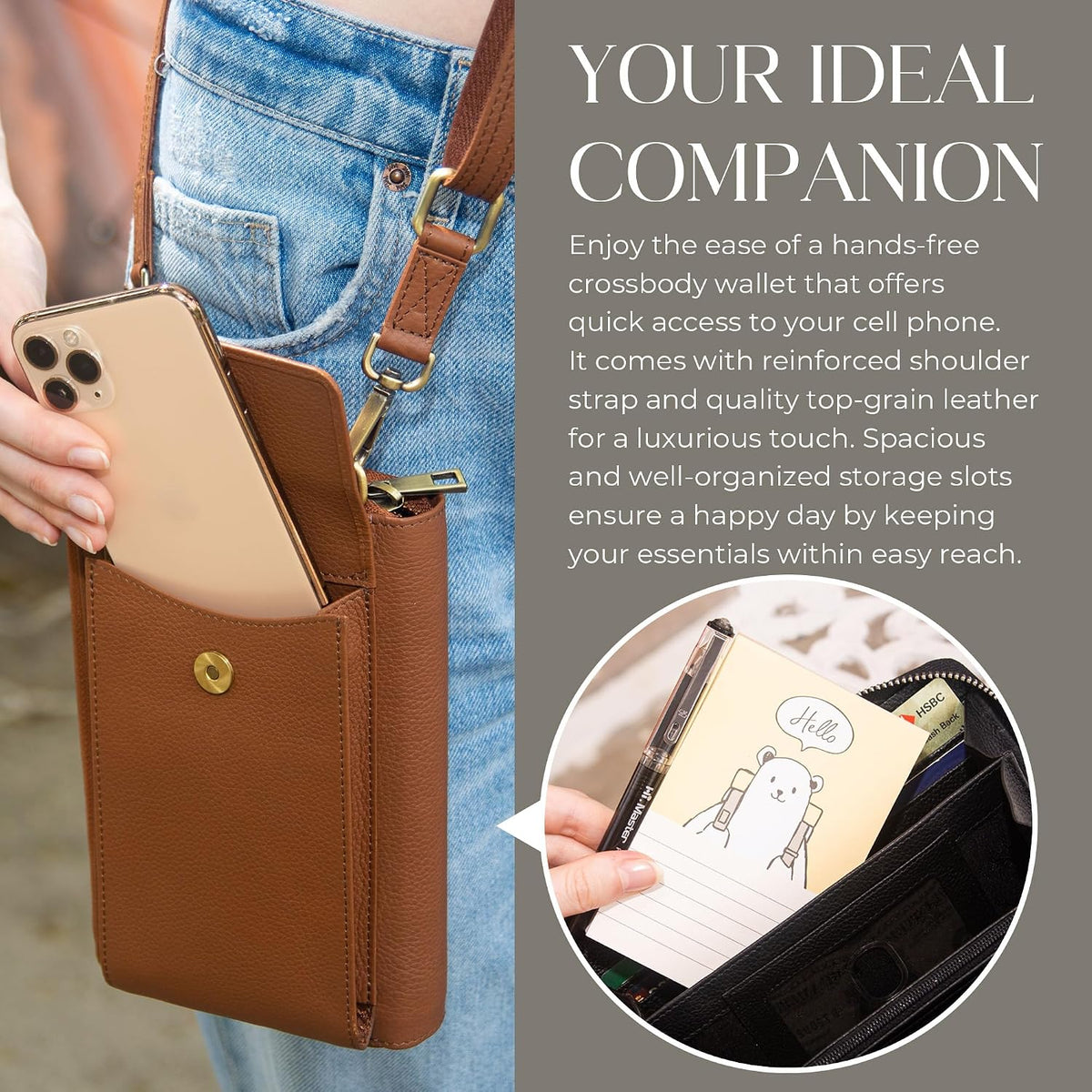 Crossbody Bag for Women, Leather Phone Wallet Purse with Adjustable Anti Theft Strap & RFID Blocking 12 Card Slots
