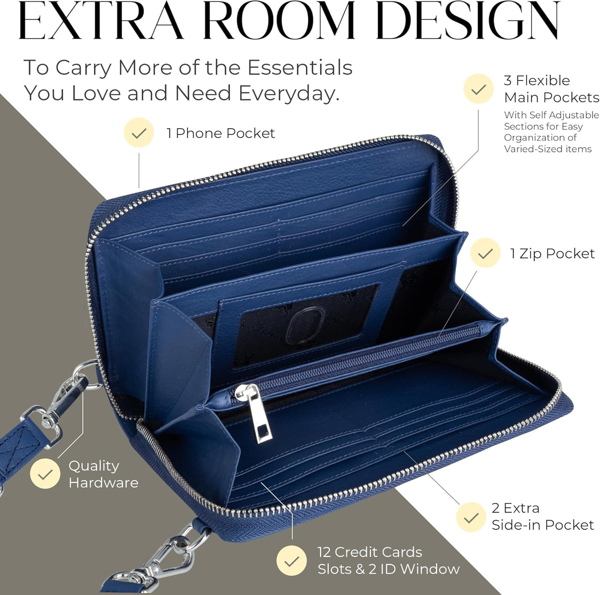 Crossbody Bag for Women, Leather Phone Wallet Purse with Adjustable Anti Theft Strap & RFID Blocking 12 Card Slots