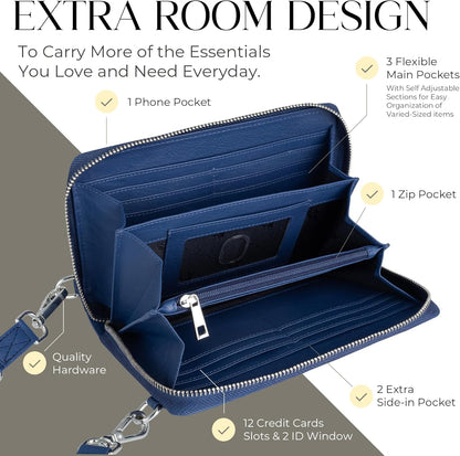 Crossbody Bag for Women, Leather Phone Wallet Purse with Adjustable Anti Theft Strap & RFID Blocking 12 Card Slots