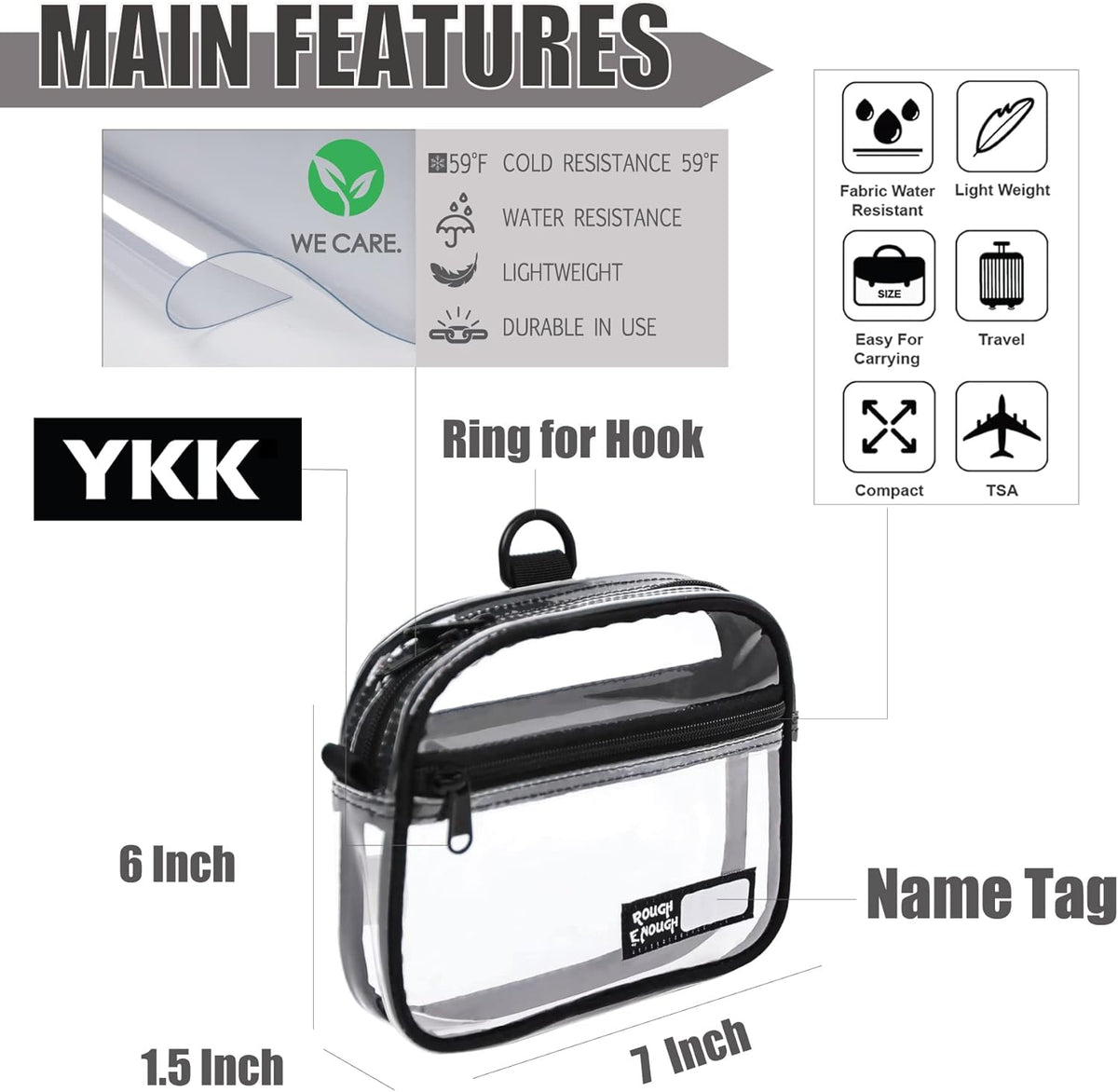 Rough Enough Clear Toiletry Bags for Traveling Bundle Set