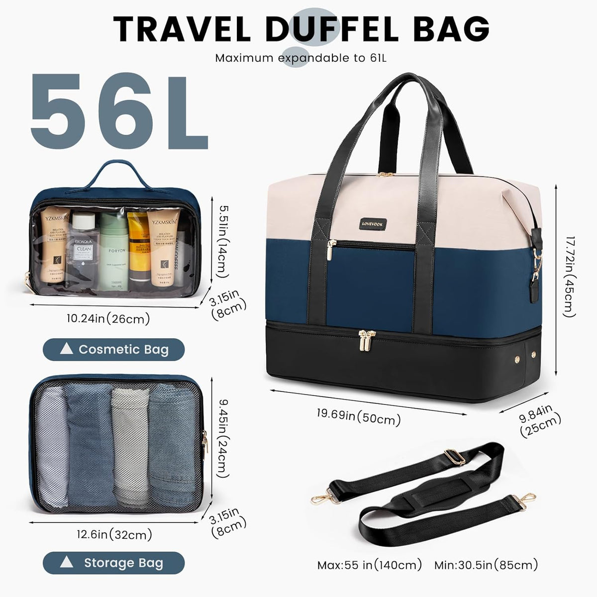 Weekender Bag for Women, Large Duffle Bag for Travel with 2 Packing Cubes, Carry on Overnight Bag with Shoe Compartment, Mom Hospital Bags for Labor and Delivery