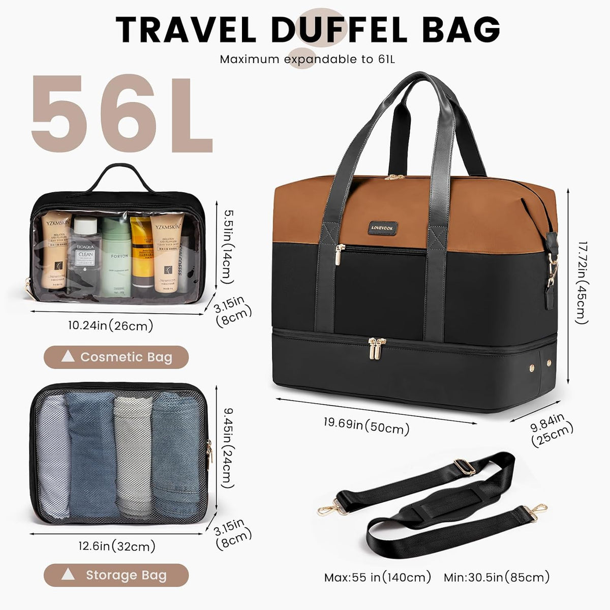 Weekender Bag for Women, Large Duffle Bag for Travel with 2 Packing Cubes, Carry on Overnight Bag with Shoe Compartment, Mom Hospital Bags for Labor and Delivery