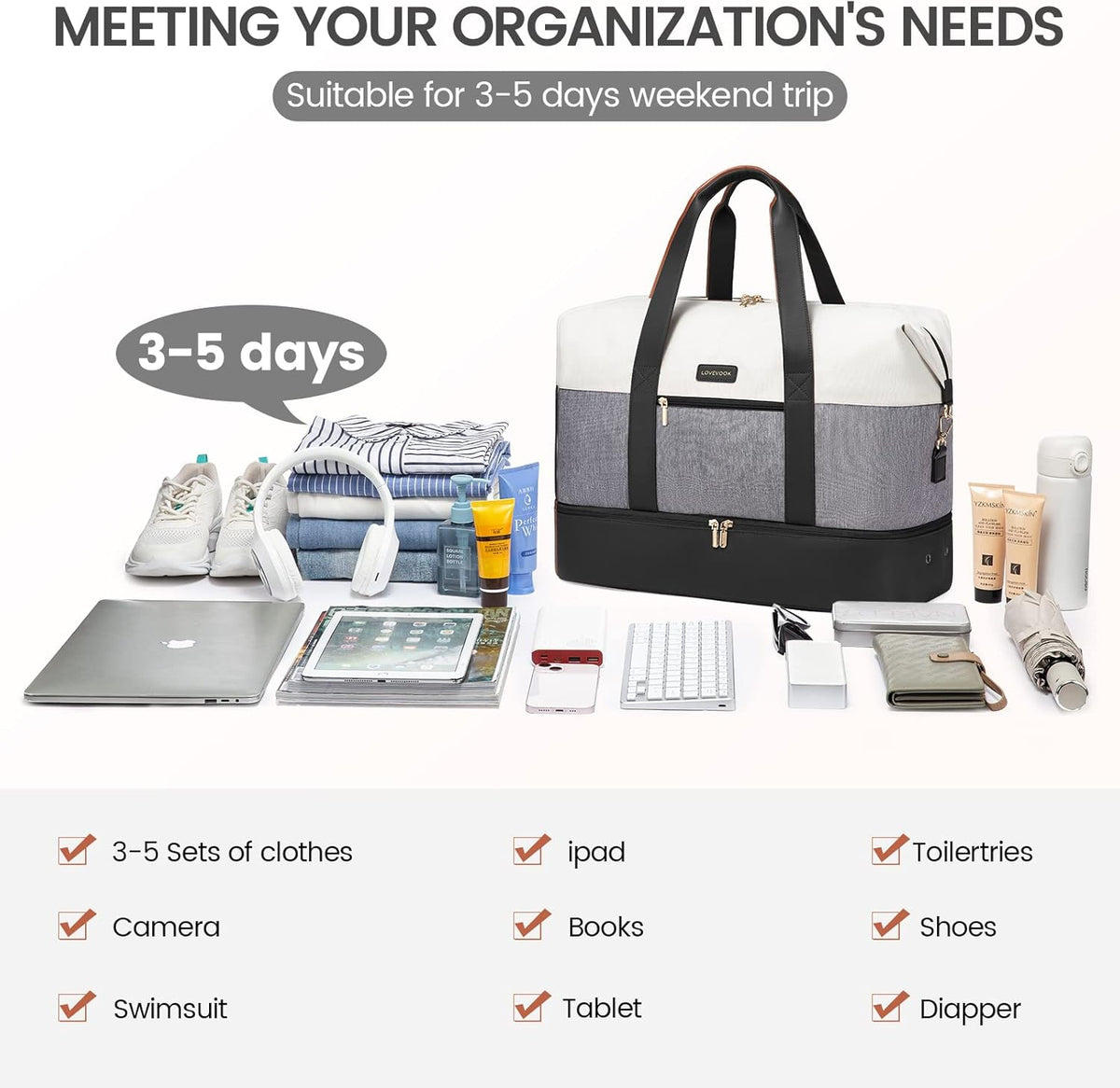 Weekender Bag for Women, Large Duffle Bag for Travel with 2 Packing Cubes, Carry on Overnight Bag with Shoe Compartment, Mom Hospital Bags for Labor and Delivery