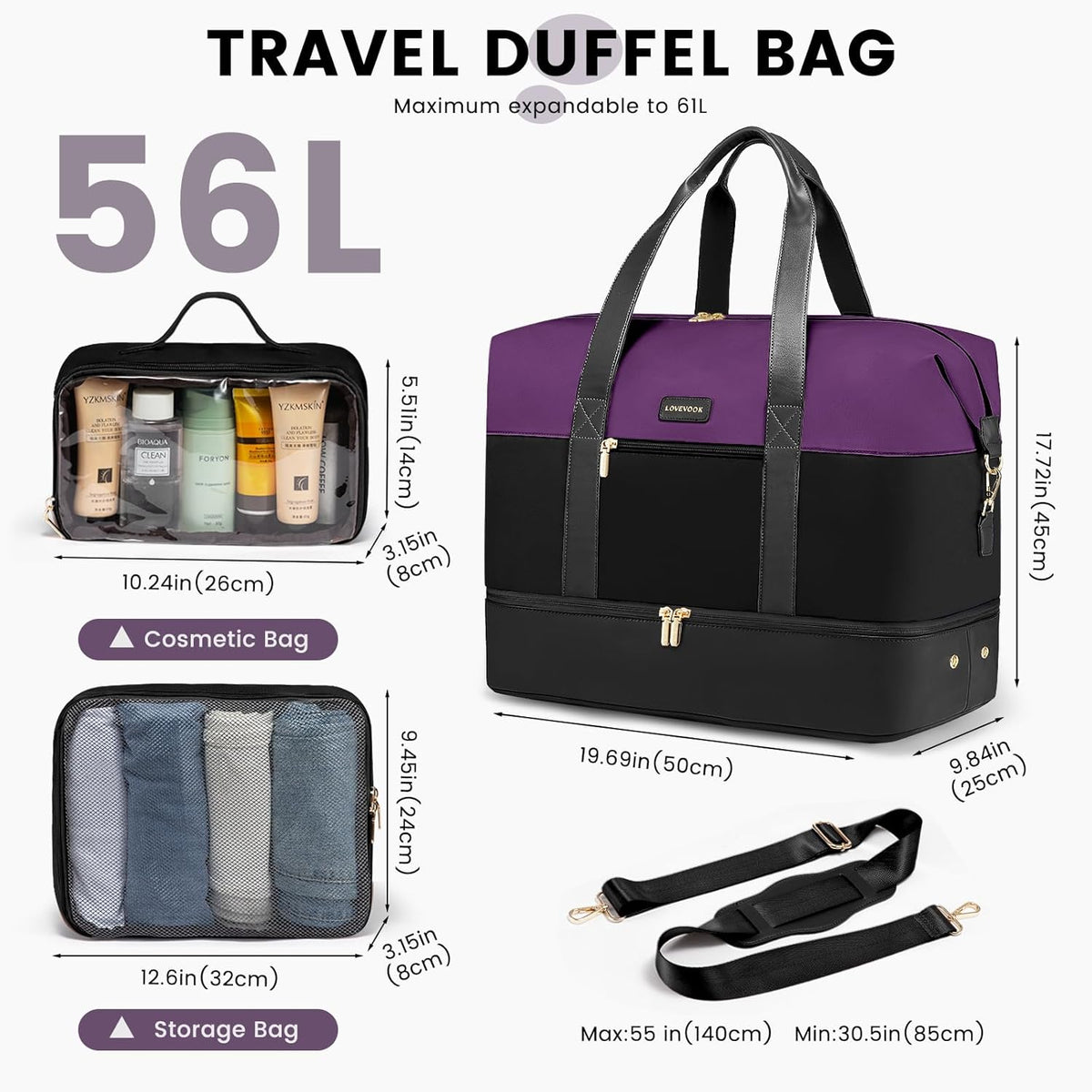 Weekender Bag for Women, Large Duffle Bag for Travel with 2 Packing Cubes, Carry on Overnight Bag with Shoe Compartment, Mom Hospital Bags for Labor and Delivery