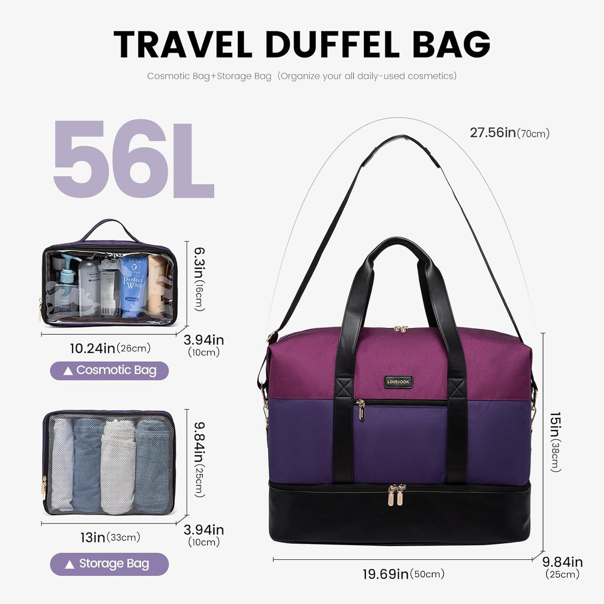 Weekender Bag for Women, Large Duffle Bag for Travel with 2 Packing Cubes, Carry on Overnight Bag with Shoe Compartment, Mom Hospital Bags for Labor and Delivery