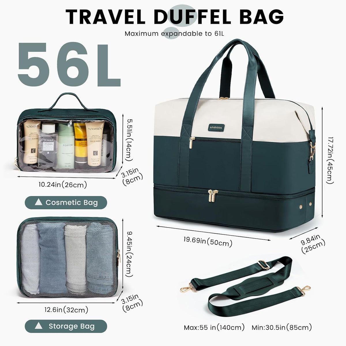 Weekender Bag for Women, Large Duffle Bag for Travel with 2 Packing Cubes, Carry on Overnight Bag with Shoe Compartment, Mom Hospital Bags for Labor and Delivery