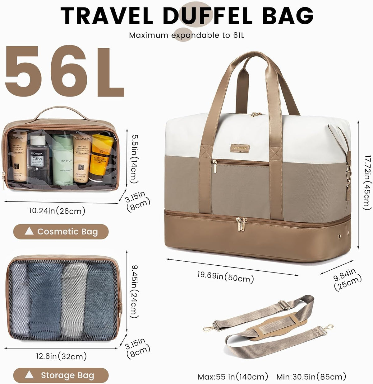 Weekender Bag for Women, Large Duffle Bag for Travel with 2 Packing Cubes, Carry on Overnight Bag with Shoe Compartment, Mom Hospital Bags for Labor and Delivery