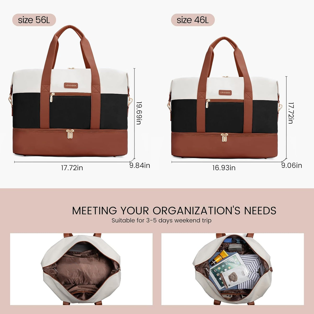Weekender Bag for Women, Large Duffle Bag for Travel with 2 Packing Cubes, Carry on Overnight Bag with Shoe Compartment, Mom Hospital Bags for Labor and Delivery