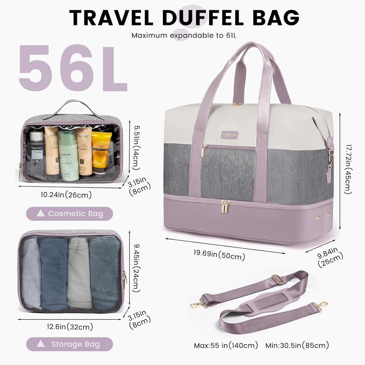 Weekender Bag for Women, Large Duffle Bag for Travel with 2 Packing Cubes, Carry on Overnight Bag with Shoe Compartment, Mom Hospital Bags for Labor and Delivery