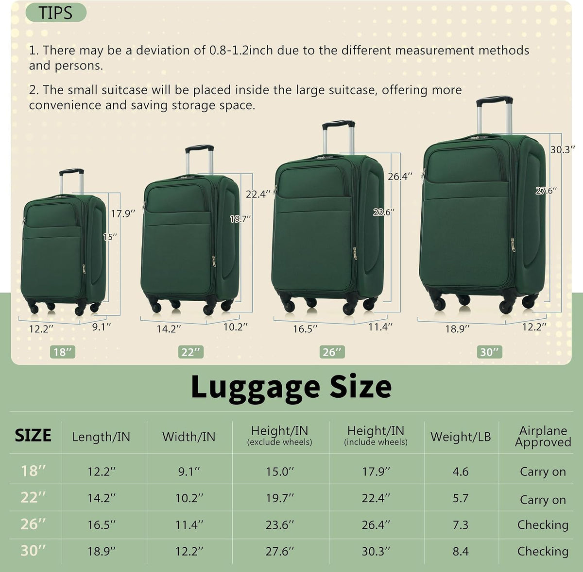 4 Piece Expandable Softside Luggage Set with TSA Lock and 360 Spinner Wheels Lightweight Suitcase Set for Family Vacation (18/22/26/30 Inch) (Light Green)