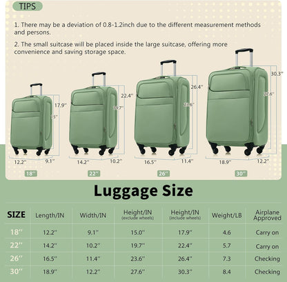 4 Piece Expandable Softside Luggage Set with TSA Lock and 360 Spinner Wheels Lightweight Suitcase Set for Family Vacation (18/22/26/30 Inch) (Light Green)