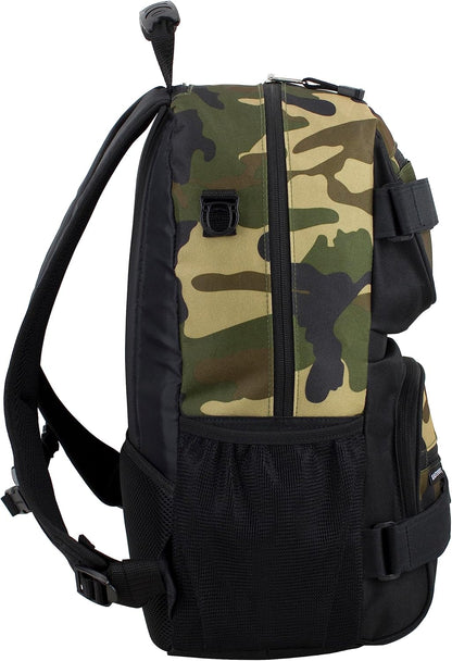 Travel Skateboard Backpack Double Strap Laptop Bag Multi-Sport Design for Men and Women, Camo Black