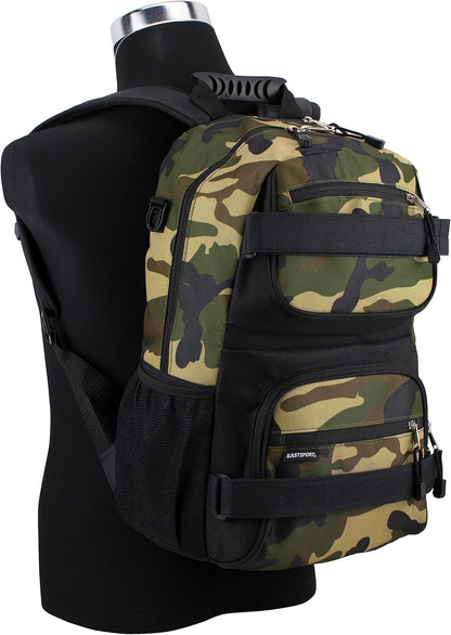 Travel Skateboard Backpack Double Strap Laptop Bag Multi-Sport Design for Men and Women, Camo Black