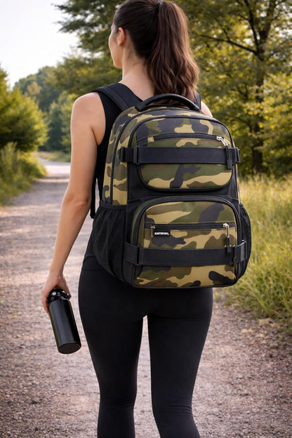 Travel Skateboard Backpack Double Strap Laptop Bag Multi-Sport Design for Men and Women, Camo Black